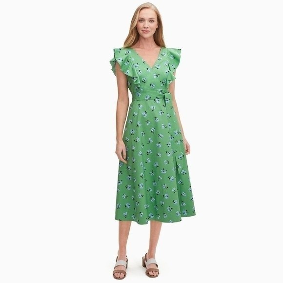 kate spade Dresses Nwt Kate Spade Tea Garden Toss Poplin Tie Waist Midi Dress In Green